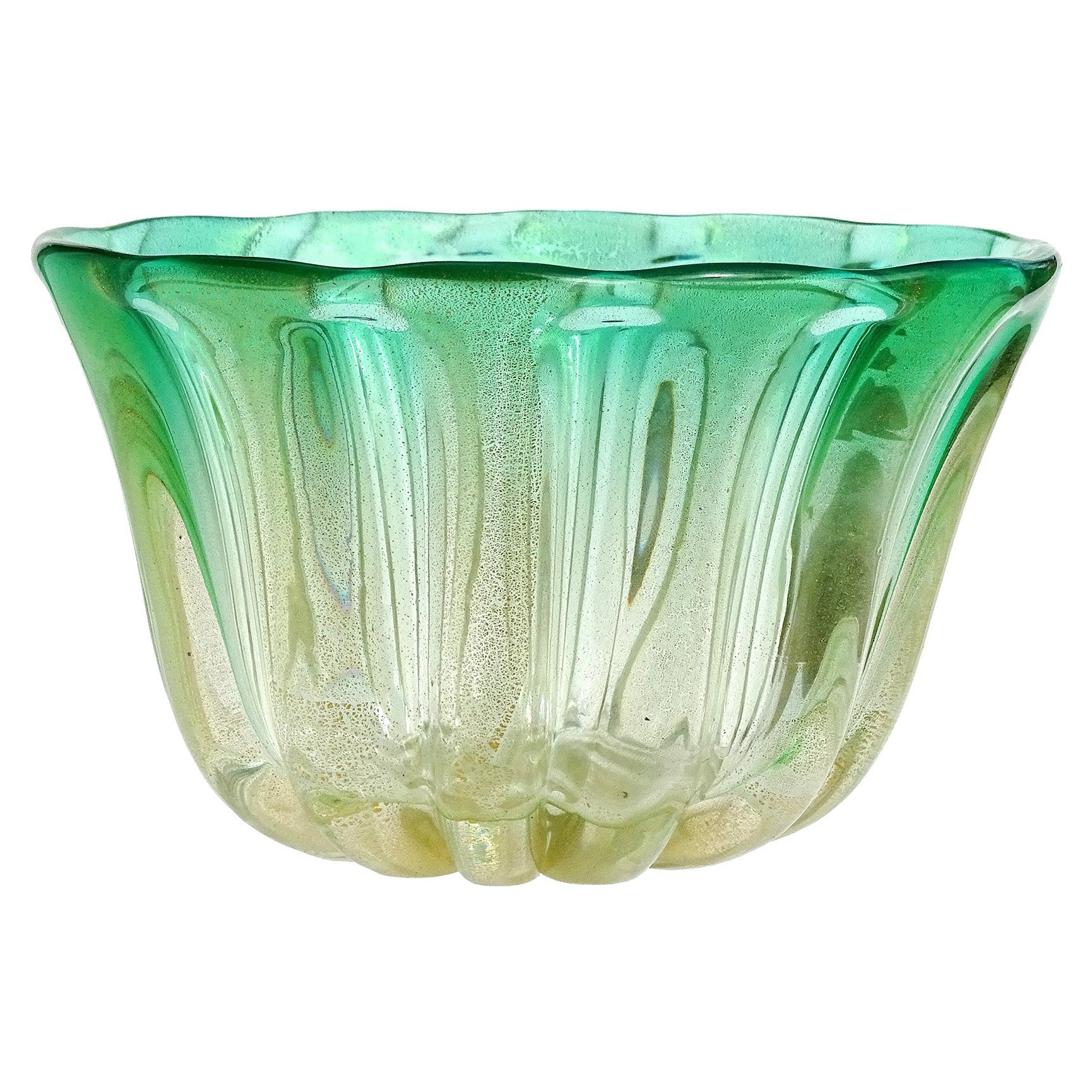 Murano Gold Flecks Green Sommerso Italian Art Glass Decorative Bowl Flower Vase