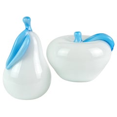 Murano White Sky Blue Italian Art Glass Pear Apple Fruit Sculpture Paperweights