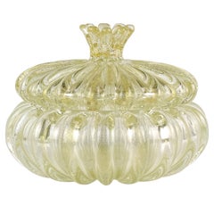 Seguso - Art italien en verre de Murano - Boîte à poudre à mouchetures dorées pour bijoux de coiffeuse côtelée