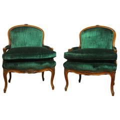 Antique Pair of Louis XV Emerald Velvet Armchairs