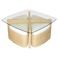 EXPENSIVE GLOSTER GARDEN TABLE & STOOL SET ON WHEELS GLASS & WiCKER