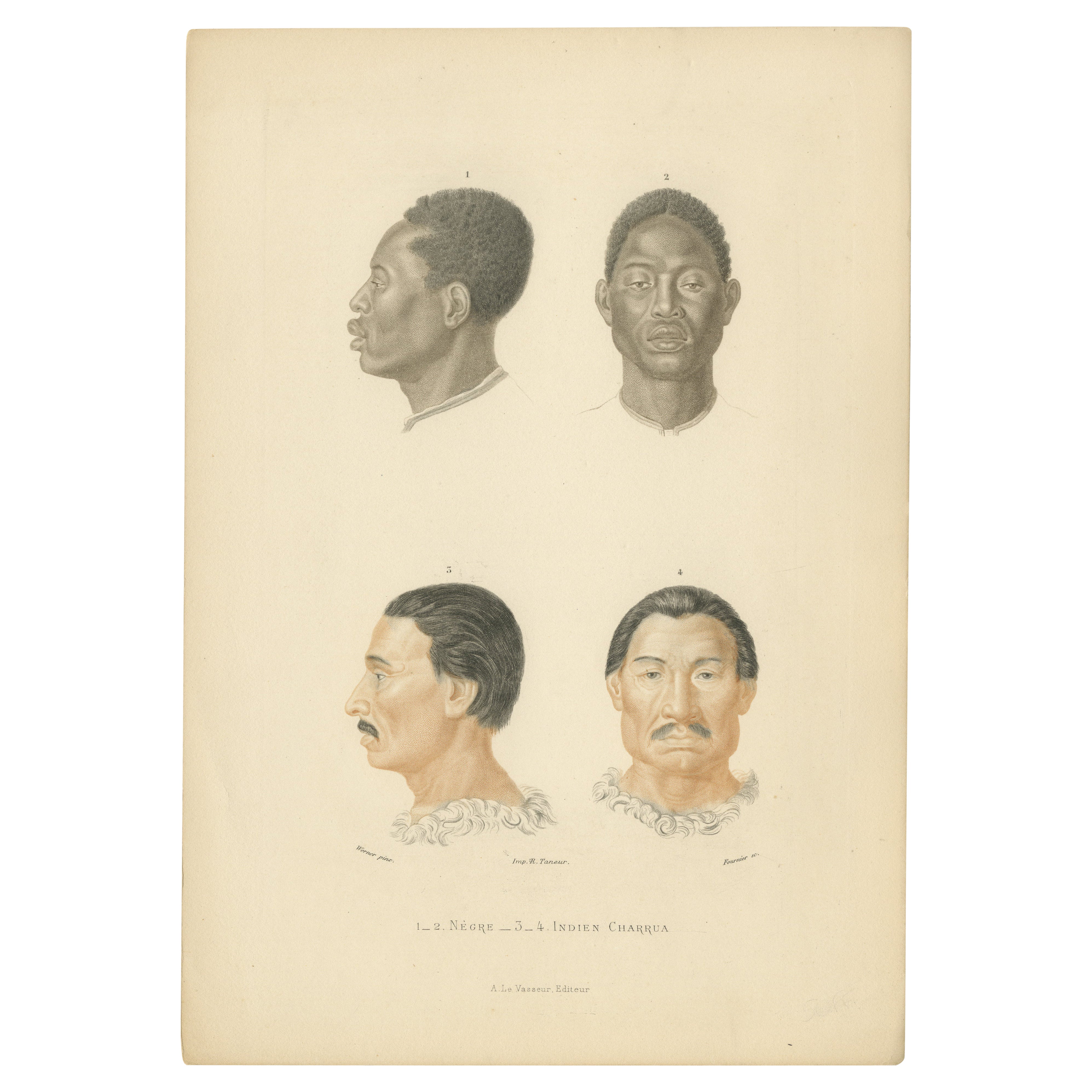 Rare gravure coloriée à la main de 1849 représentant des hommes africains et charrúa (Uruguay)
