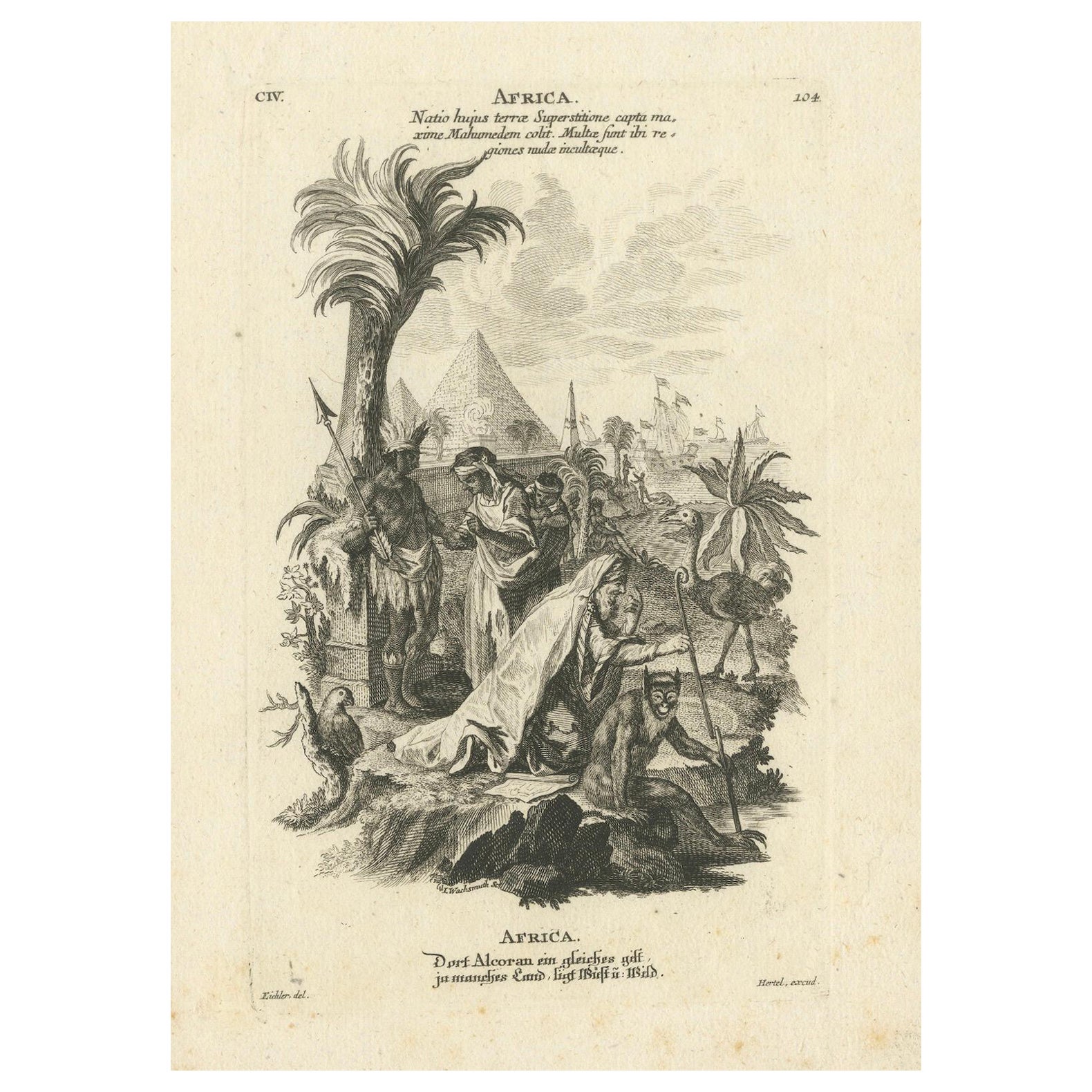 Incisione allegorica dell'Africa, Johann Georg Hertel, Augusta, metà del XVIII secolo