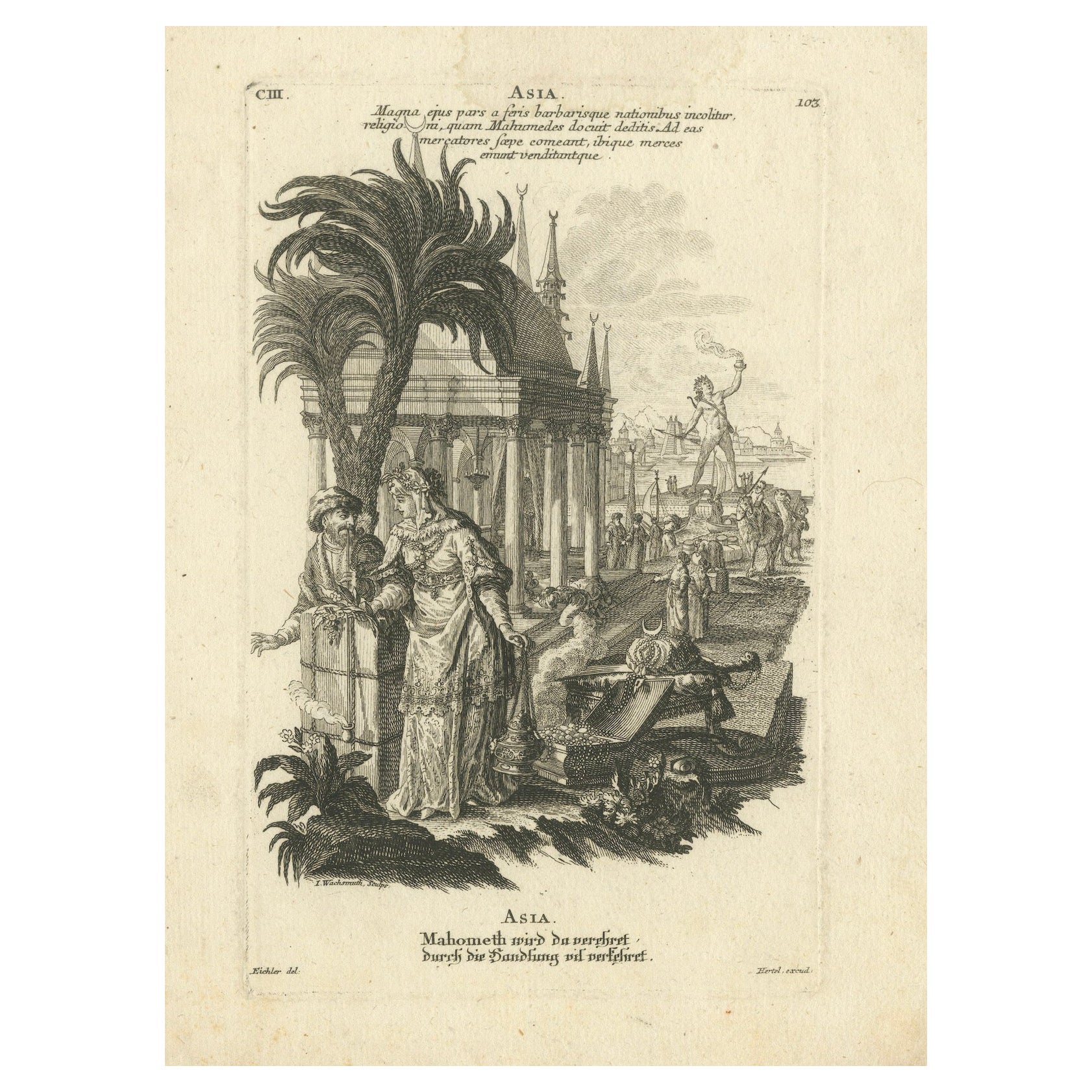 Incisione allegorica dell'Asia, Johann Hertel, Augsburg, capolavoro del XVIII secolo
