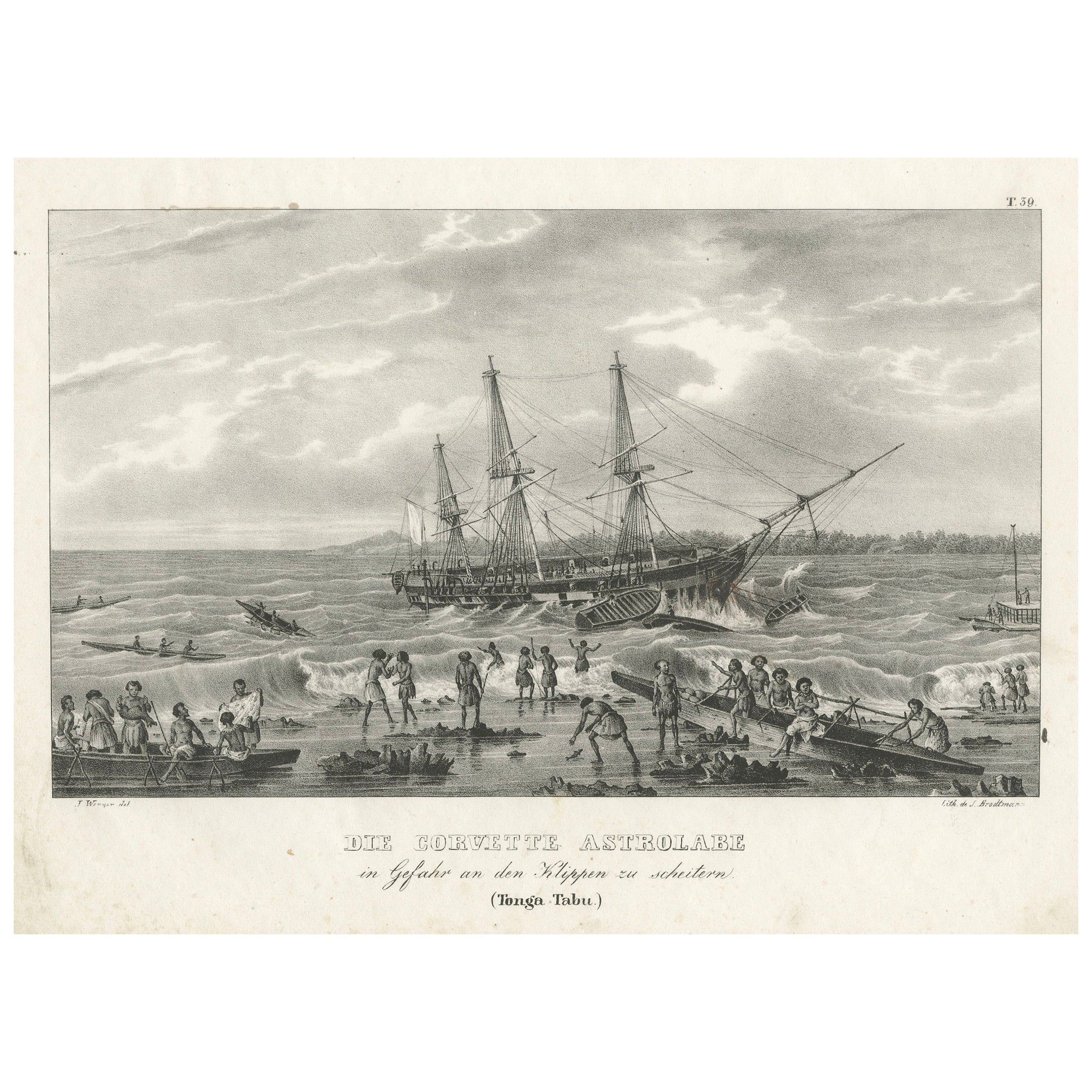 Old Print of The Corvette Astrolabe in Peril Near Cliffs, Tonga-Tabu, circa 1836