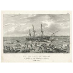 Antique Old Print of The Corvette Astrolabe in Peril Near Cliffs, Tonga-Tabu, circa 1836