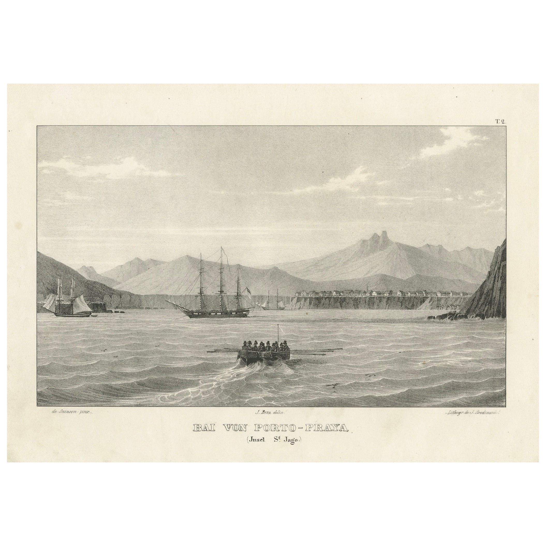 View of Porto Praya Bay, Island of St. Jago (Santiago, Cape Verde), circa 1836 For Sale