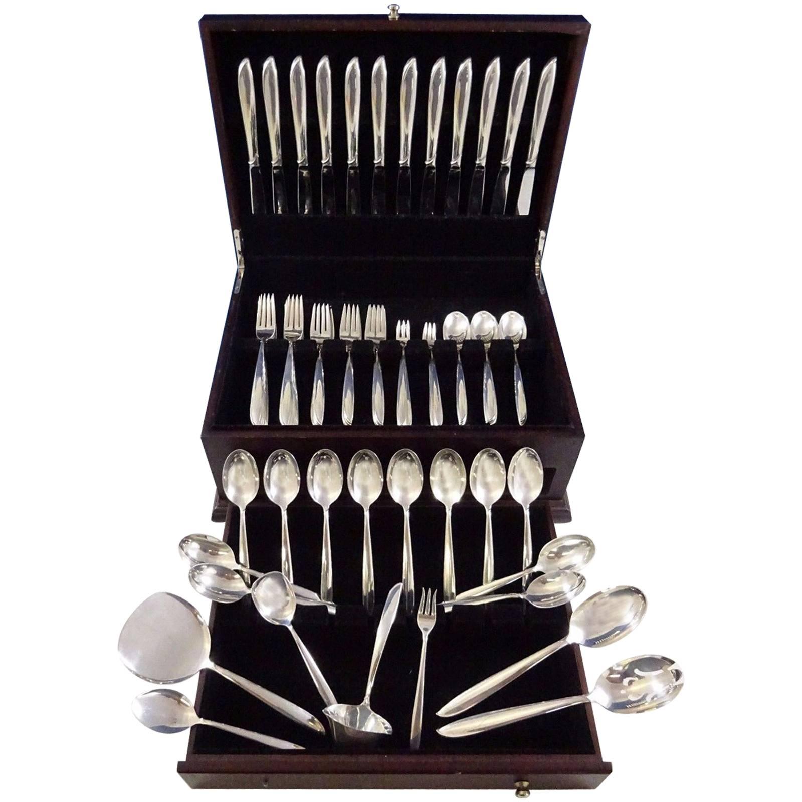 Mid-Century Modern Silver Rhythm by International sterling silver flatware set, 79 pieces. This set includes:

12 knives, 9 1/4