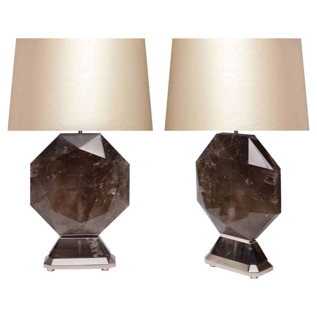 Pair of Flat Cubic Form Smoky Dark Rock Crystal Lamps For Sale at 1stDibs