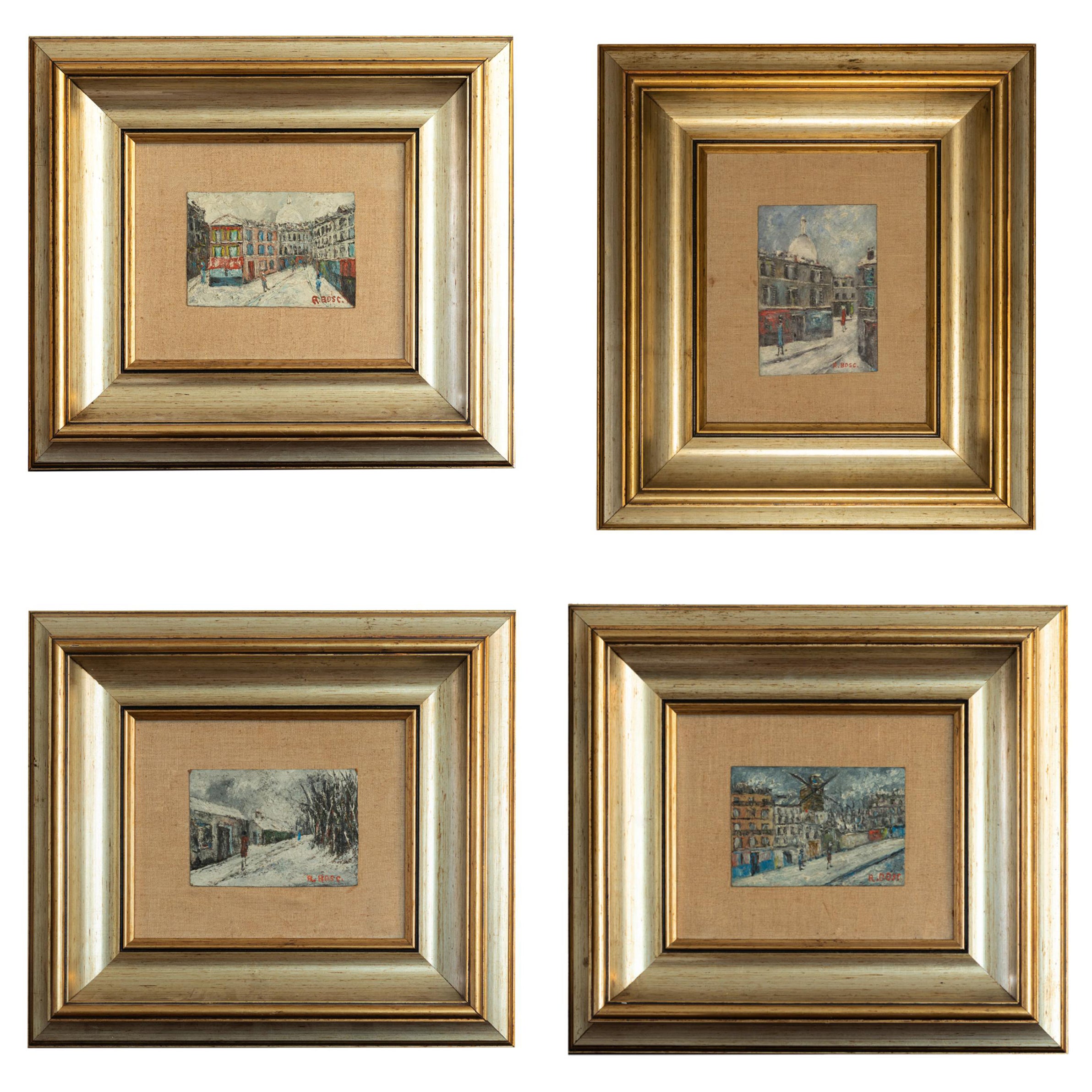 Set Of 4 French Paris Paintings, Signed «Bosc». (Early 20th Century)