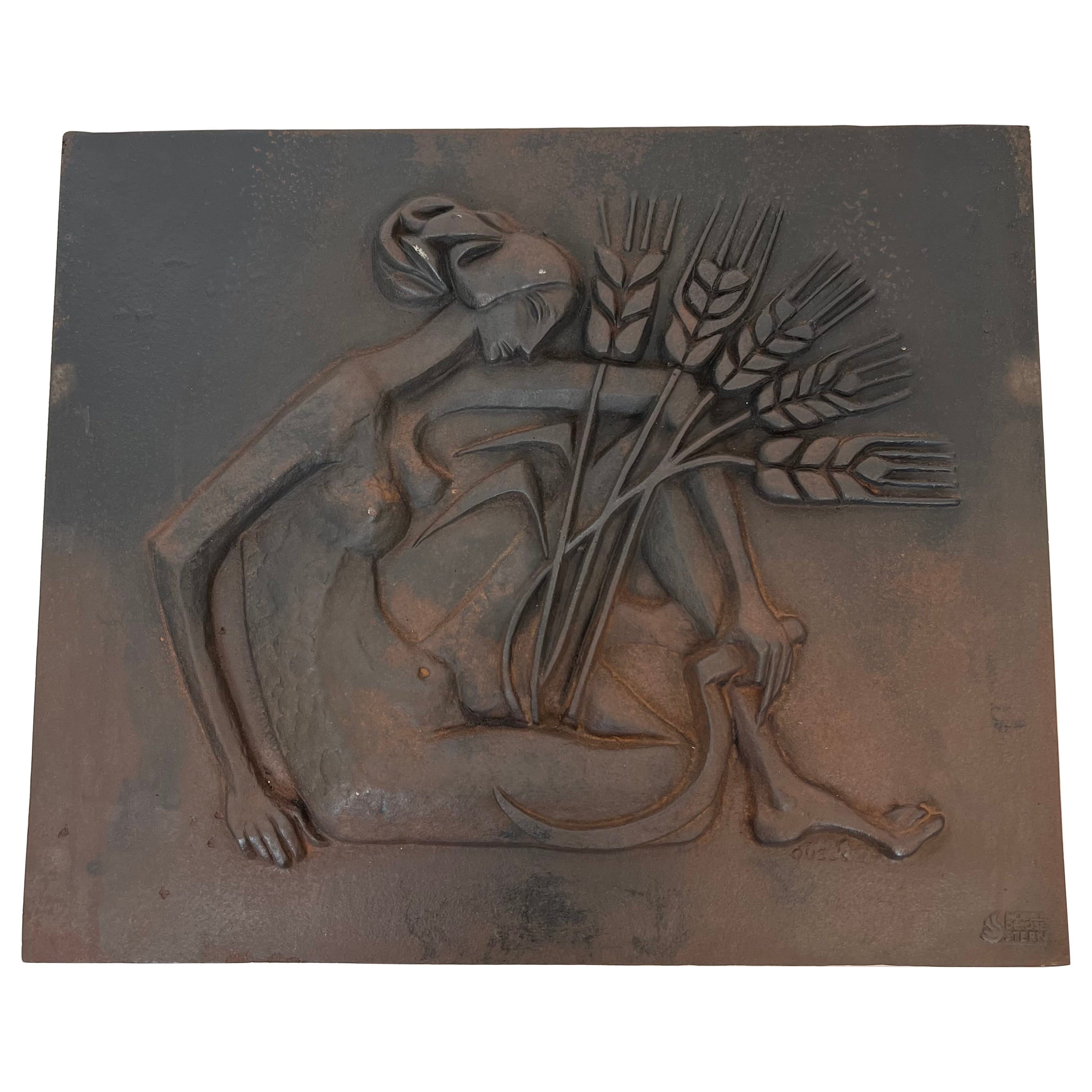 Modernist Cast Iron Fireback Representing a Woman with a Scythe & Ears of Wheat