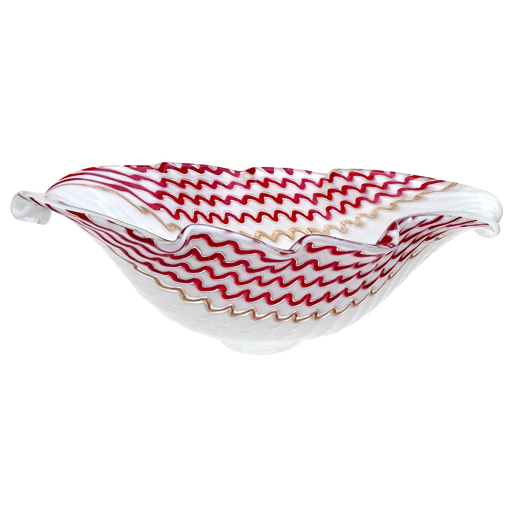 Tazón central de cristal artístico italiano de Murano Dino Martens con cintas de aventurina blancas y rojas en venta