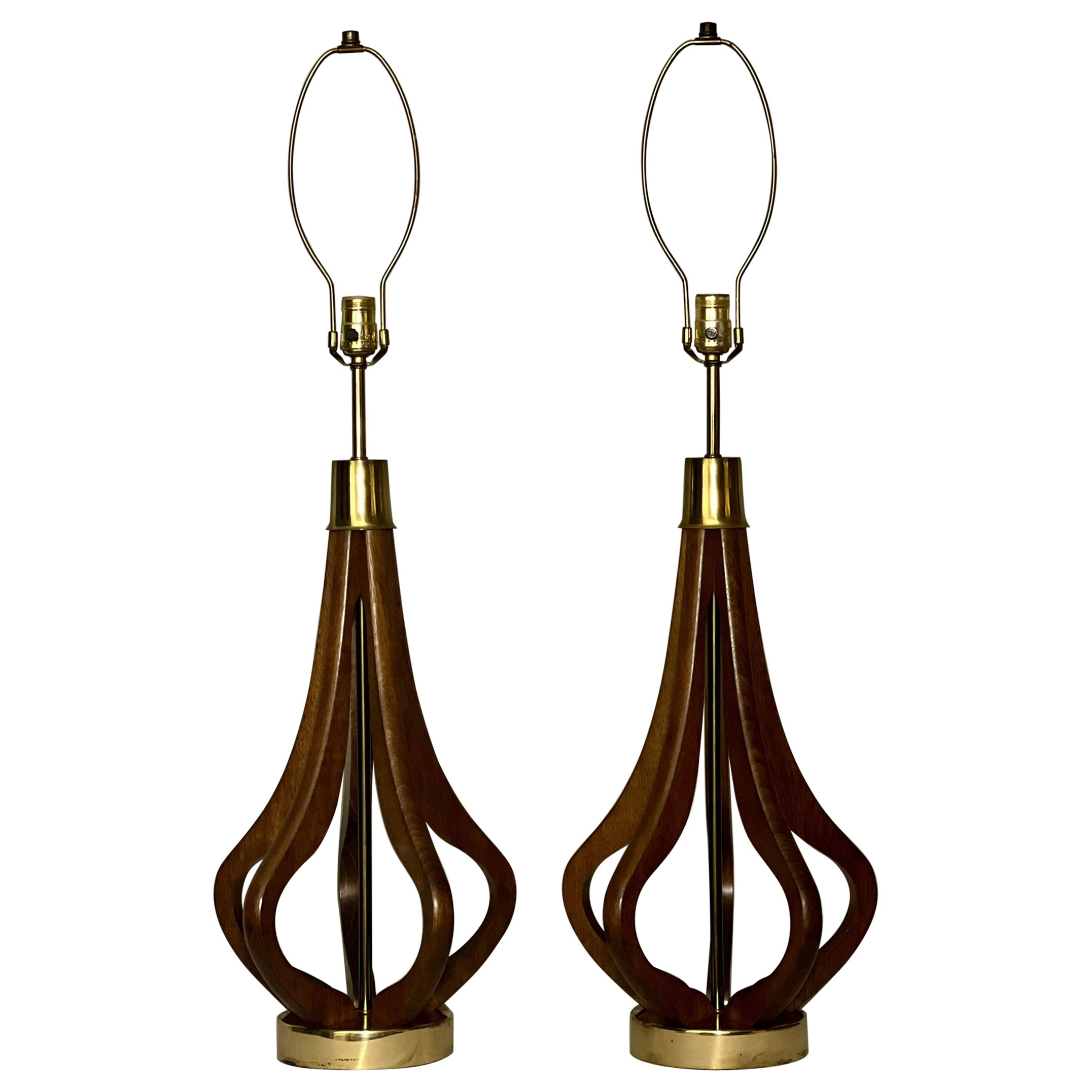 Mid 20th Century Sculptural Walnut Table Lamps, Pair