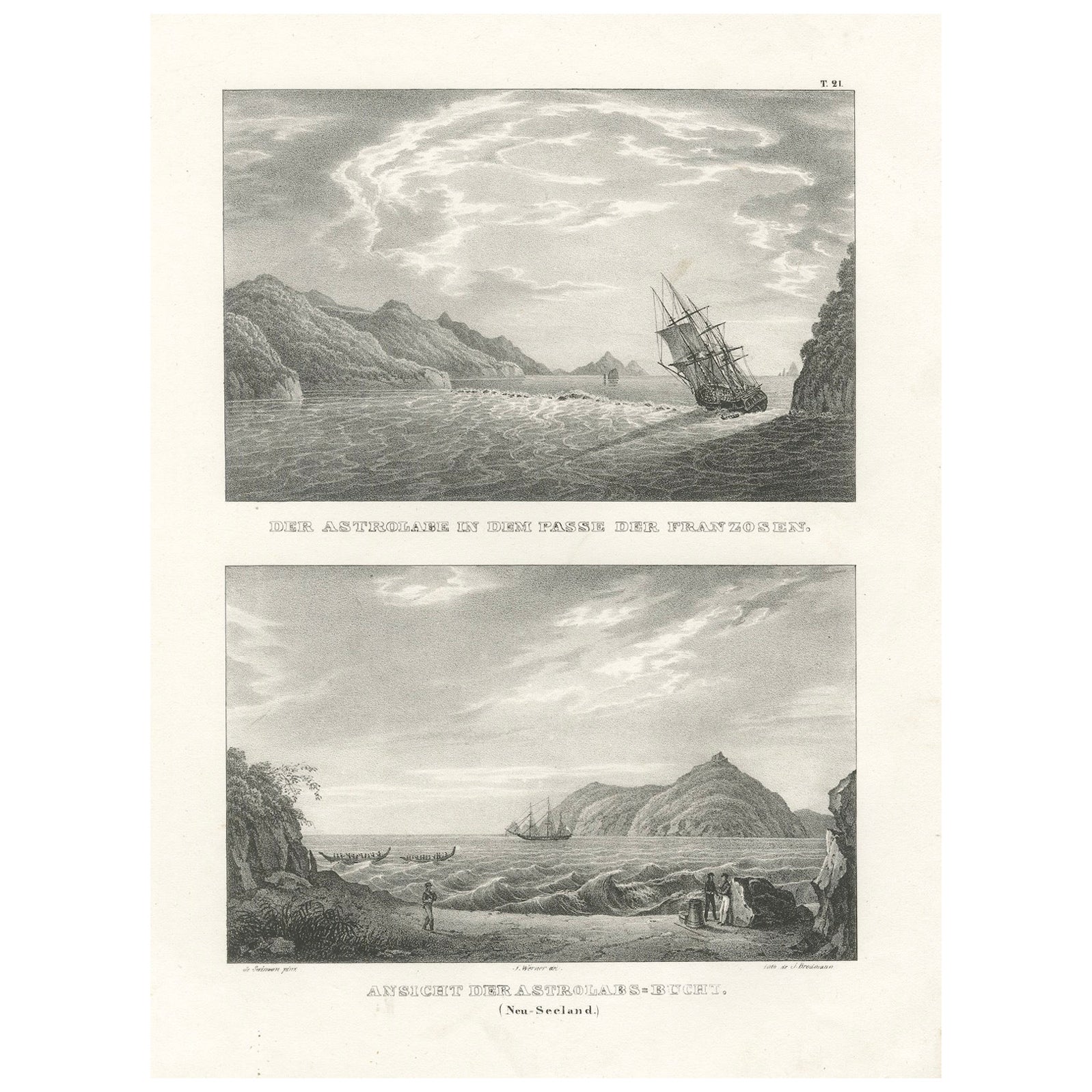 Astrolabe Navigates the French Pass and Bay in New Zealand - Lithograph ca.1836