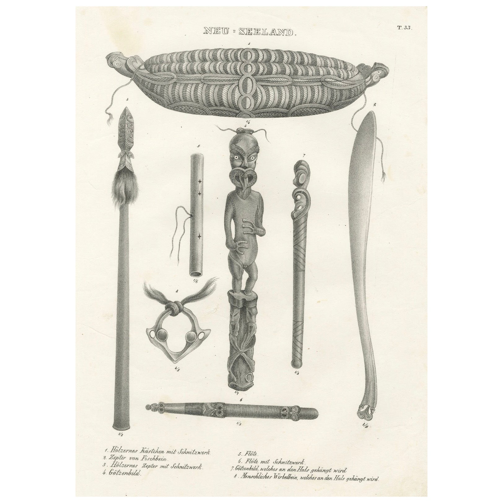Artefactos Maoríes: Tallas, Flautas y Adornos de Nueva Zelanda, 1836 Litho