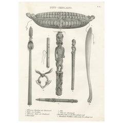 Maori- Artefakte: Schnitzereien, Flöten und Schnitzereien aus Neuseeland, 1836 Litho