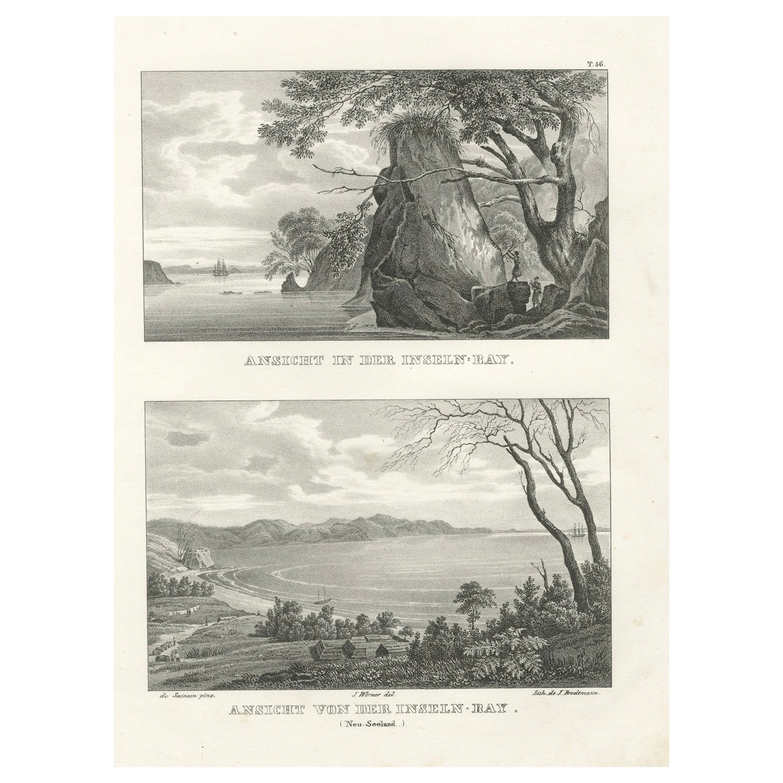 Scenic Views of Inseln Bay, New Zealand, from the Astrolabe Voyage, circa 1836
