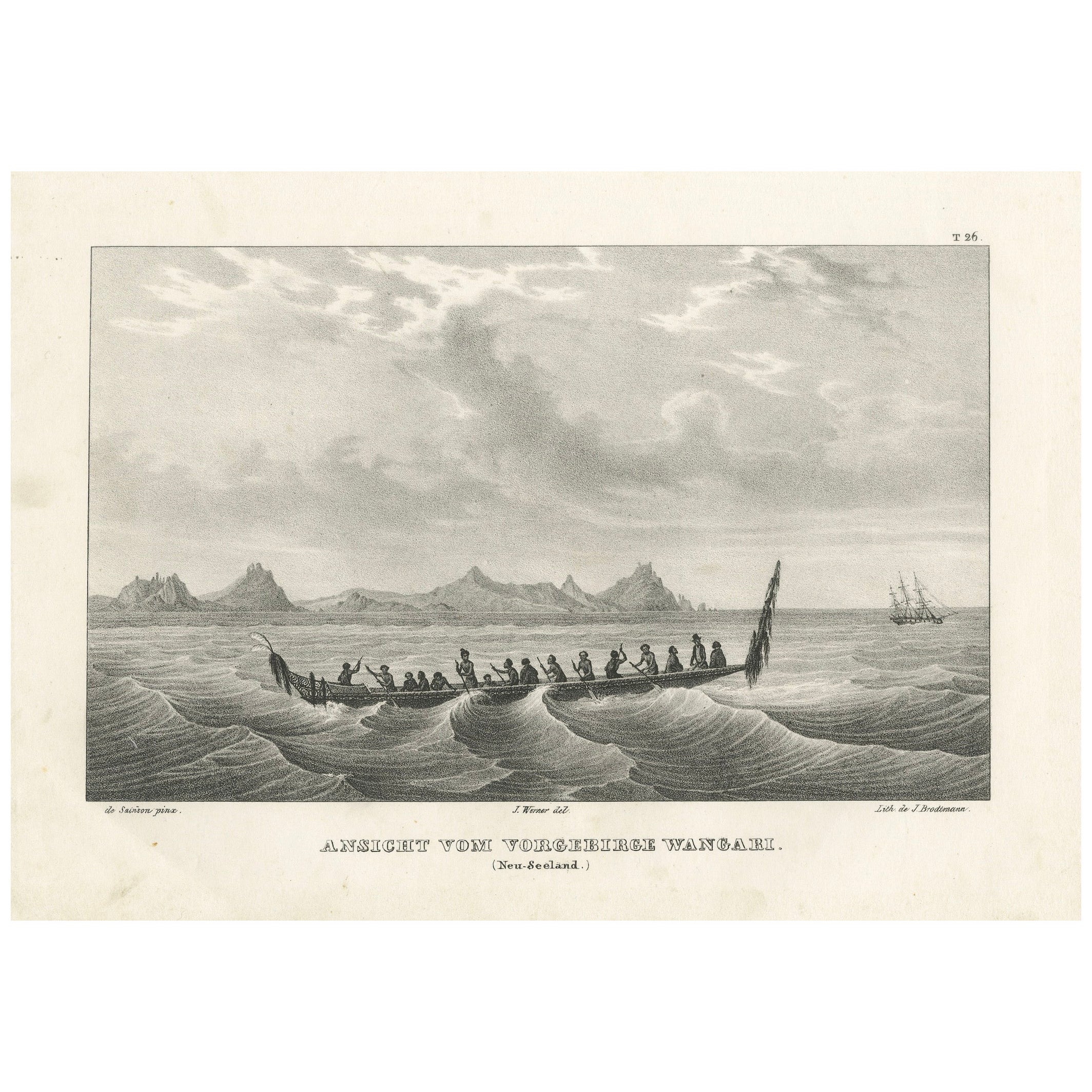 Vista litográfica del cabo Wangari con una canoa maorí (Nueva Zelanda) - 1836