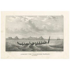 Antique Lithographic View of the Wangari Cape with a Maori Canoe (New Zealand) - 1836