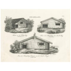 Engraving of Maori Dwellings from Tolaga Bay and the Inseln-Bay, 1836