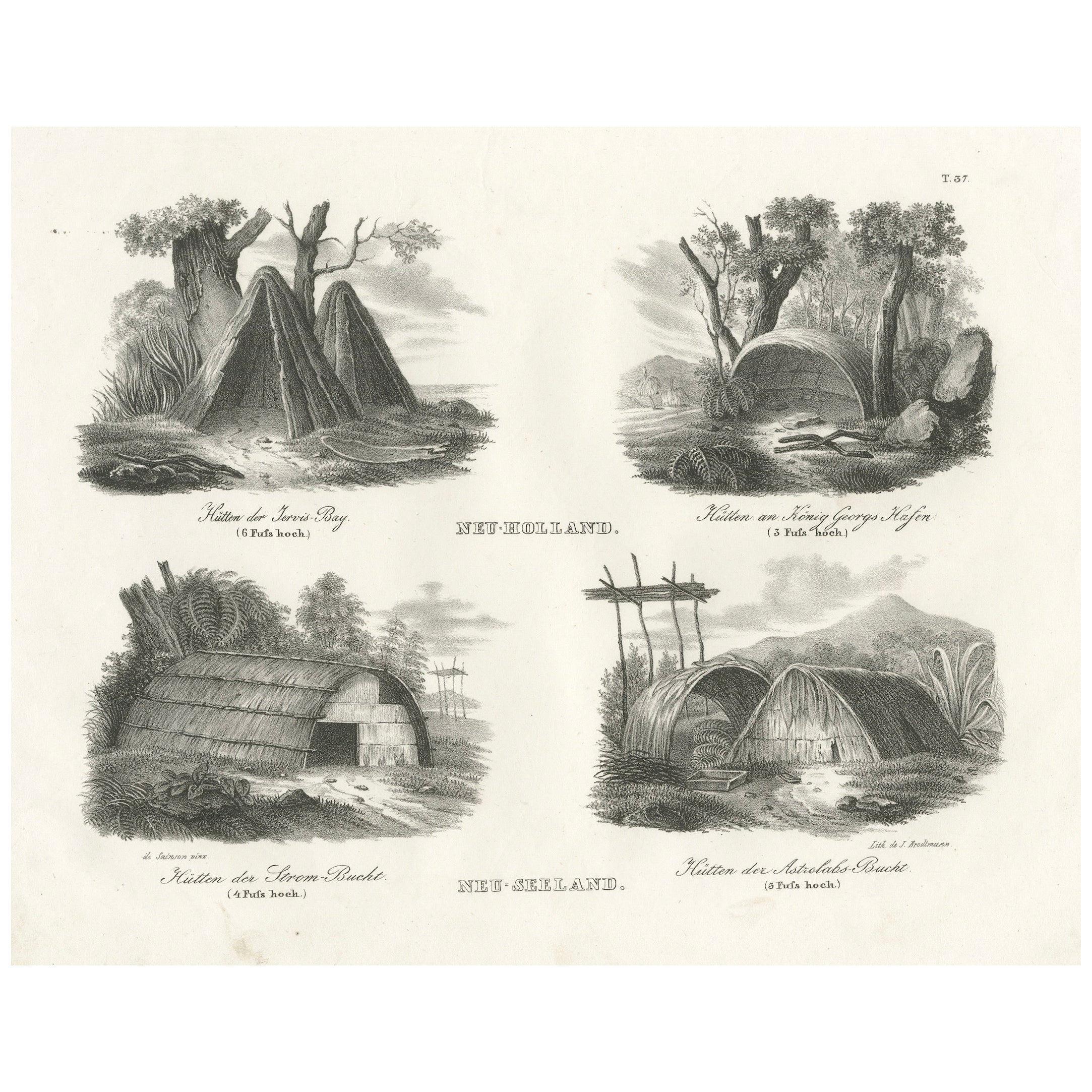 Indigenous Dwellings from New Holland and New Zealand Engraved in 1836