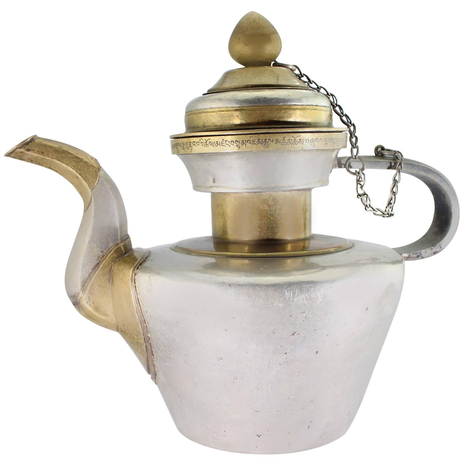 19th Century Tibetan Metallic Silver and Brass Prayer Teapot at 1stdibs