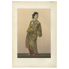 Una splendida litografia che ritrae una signora giapponese vestita in kimono, 1884