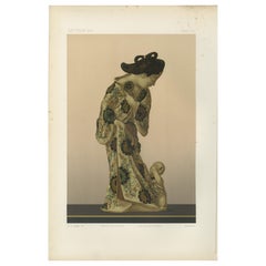 Litografía de una mujer japonesa con kimono tradicional y figurita de niño, 1884