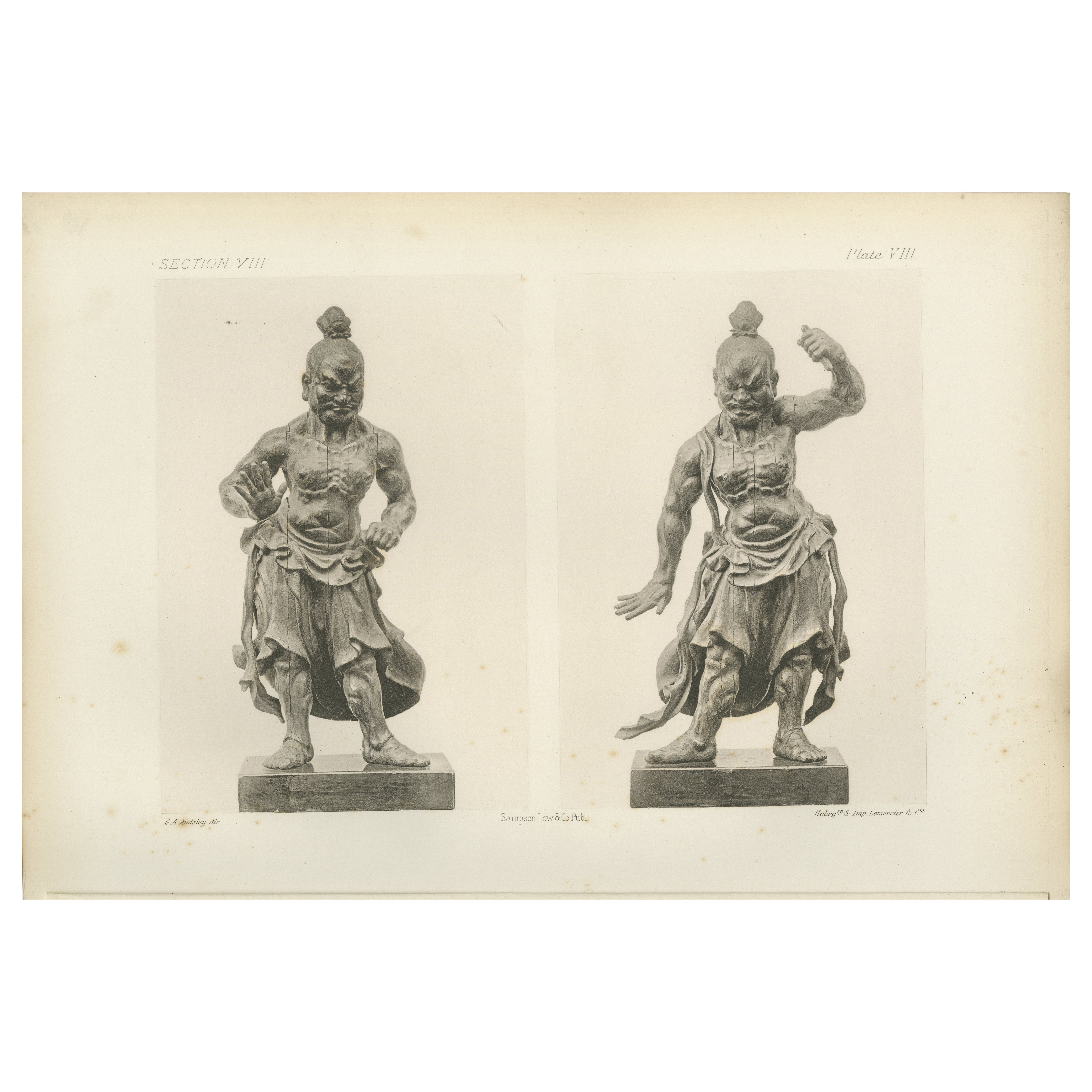 Litografía monocroma de imponentes estatuas de deidades guardianas tradicionales japonesas en venta