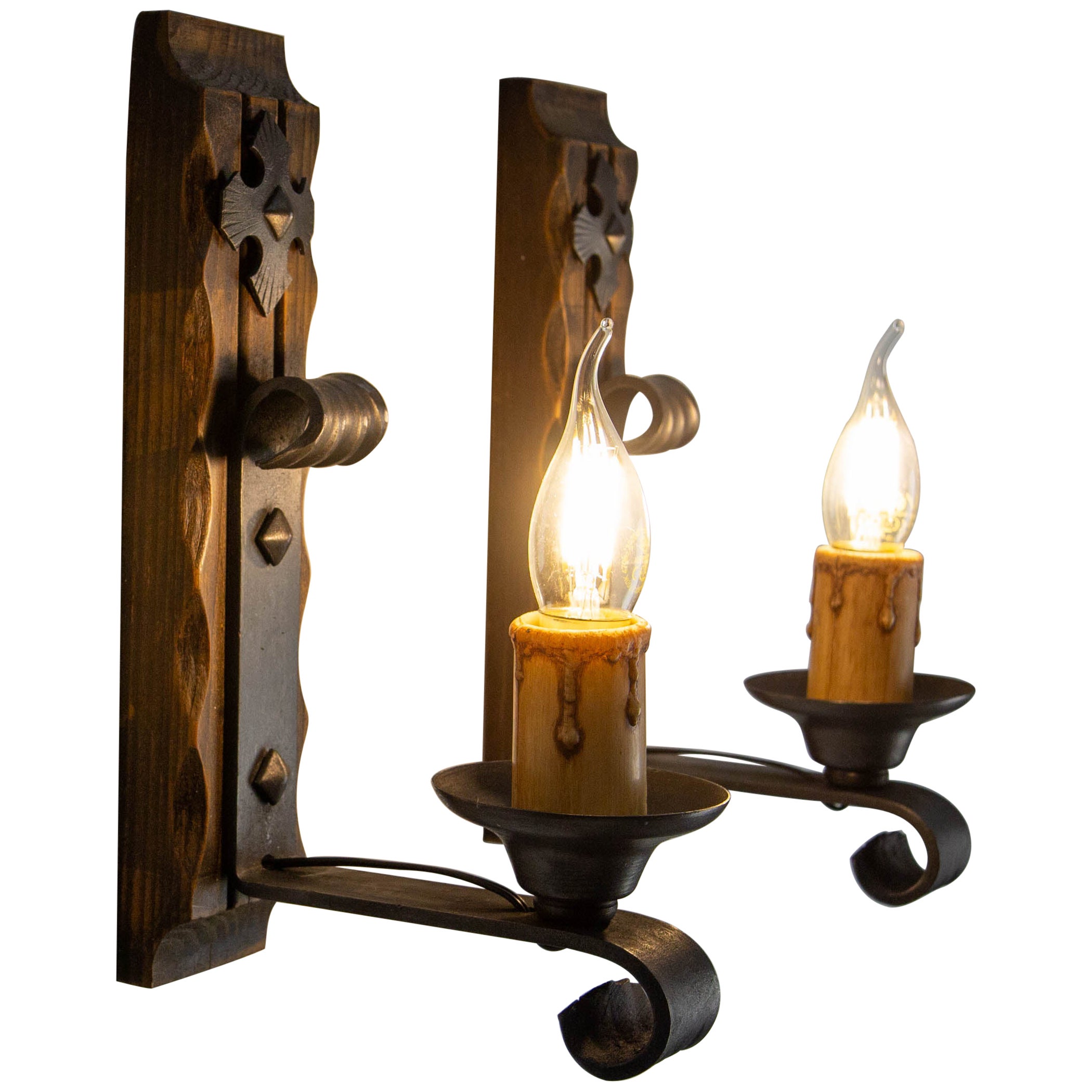 Pair Pine & Wrought Iron Sconces Wall Lights French, 1960