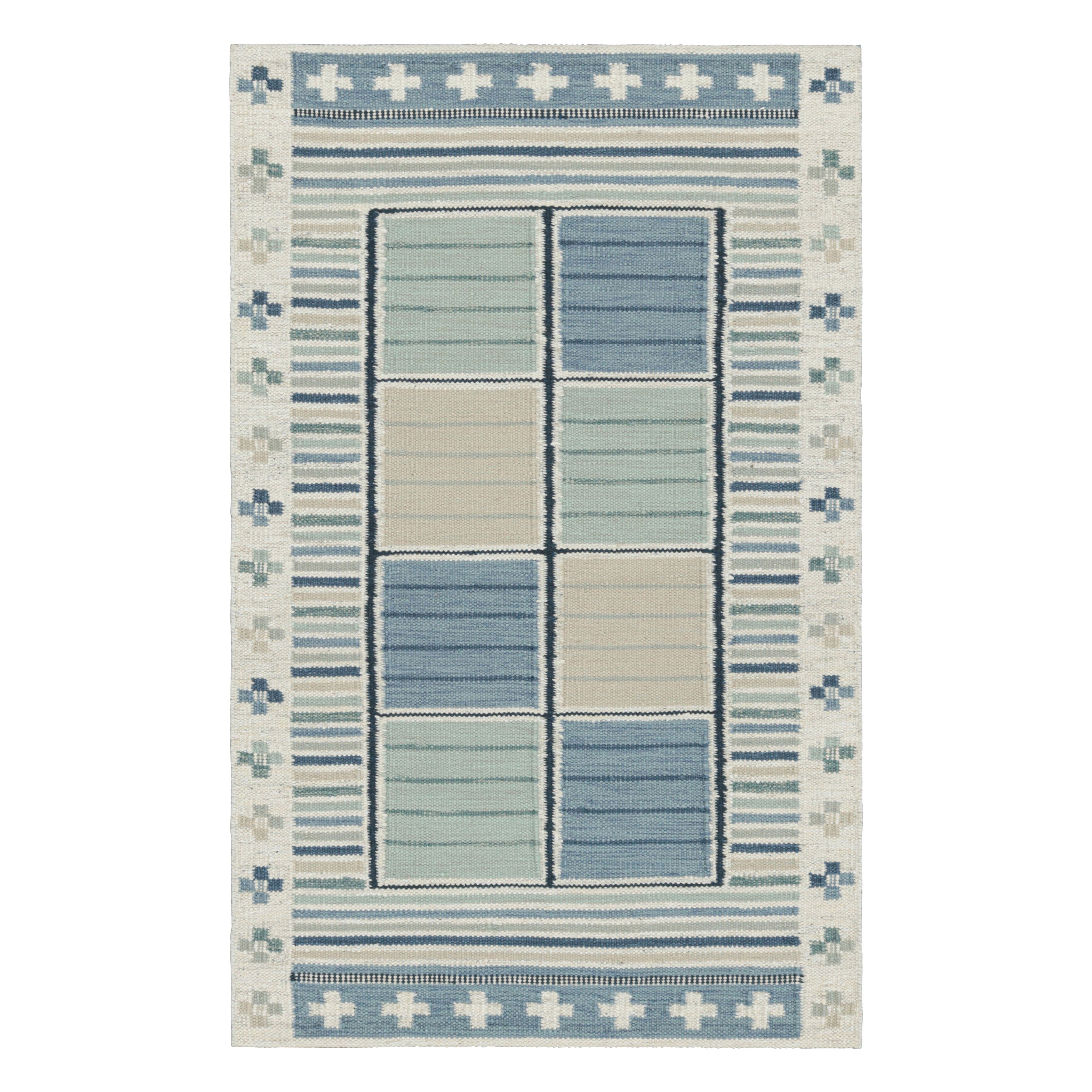 Teppich & Kilims Skandinavischer Schachtelteppich im skandinavischen Stil in Hellblau mit geometrischem Muster