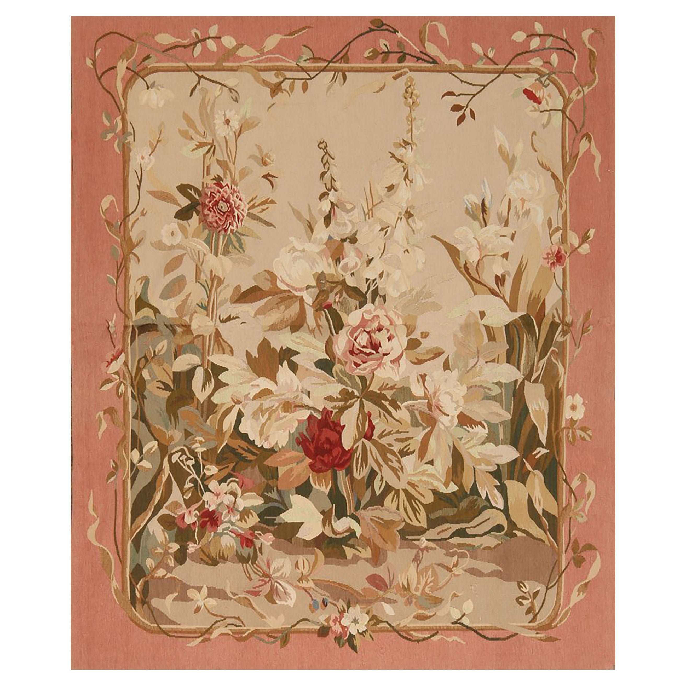 Arazzo floreale europeo in lana rosa e verde di Rug & Kilim in vendita
