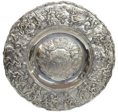 Antique Geo IV Large Heavy Cast Sterling Sideboard Dish or Charger, Allegorical Border