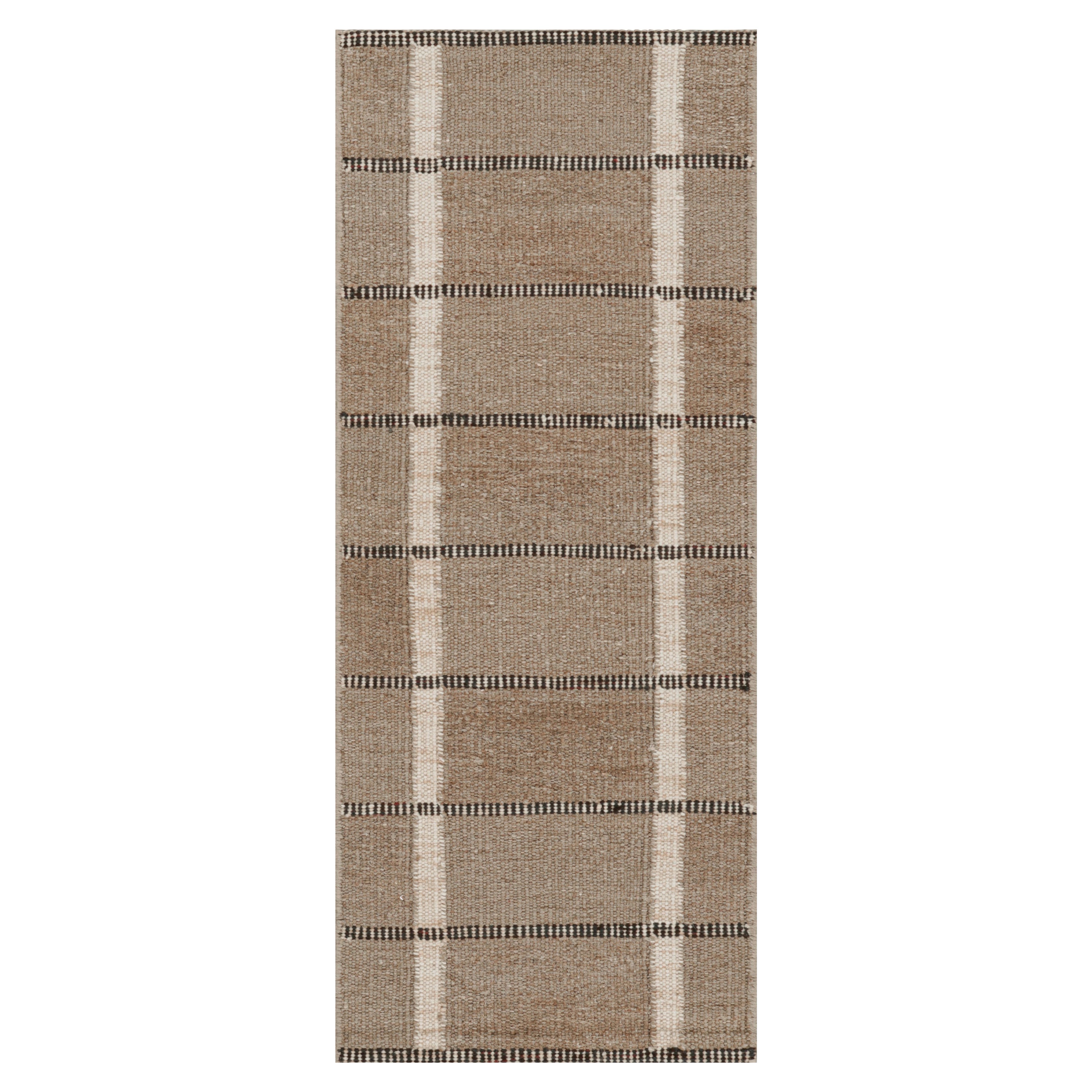 Rug & Kilim’s Scandinavian Style Runner Rug In Brown with Black & White Stripes For Sale
