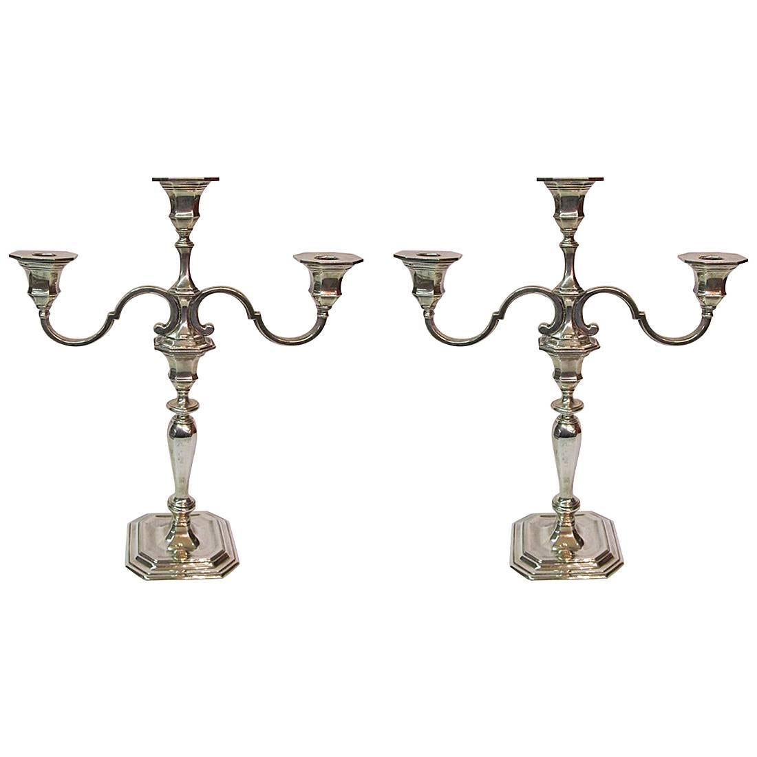 Pair of Tiffany & Co. Sterling Silver Geo. III Style Three-Light Candelabra