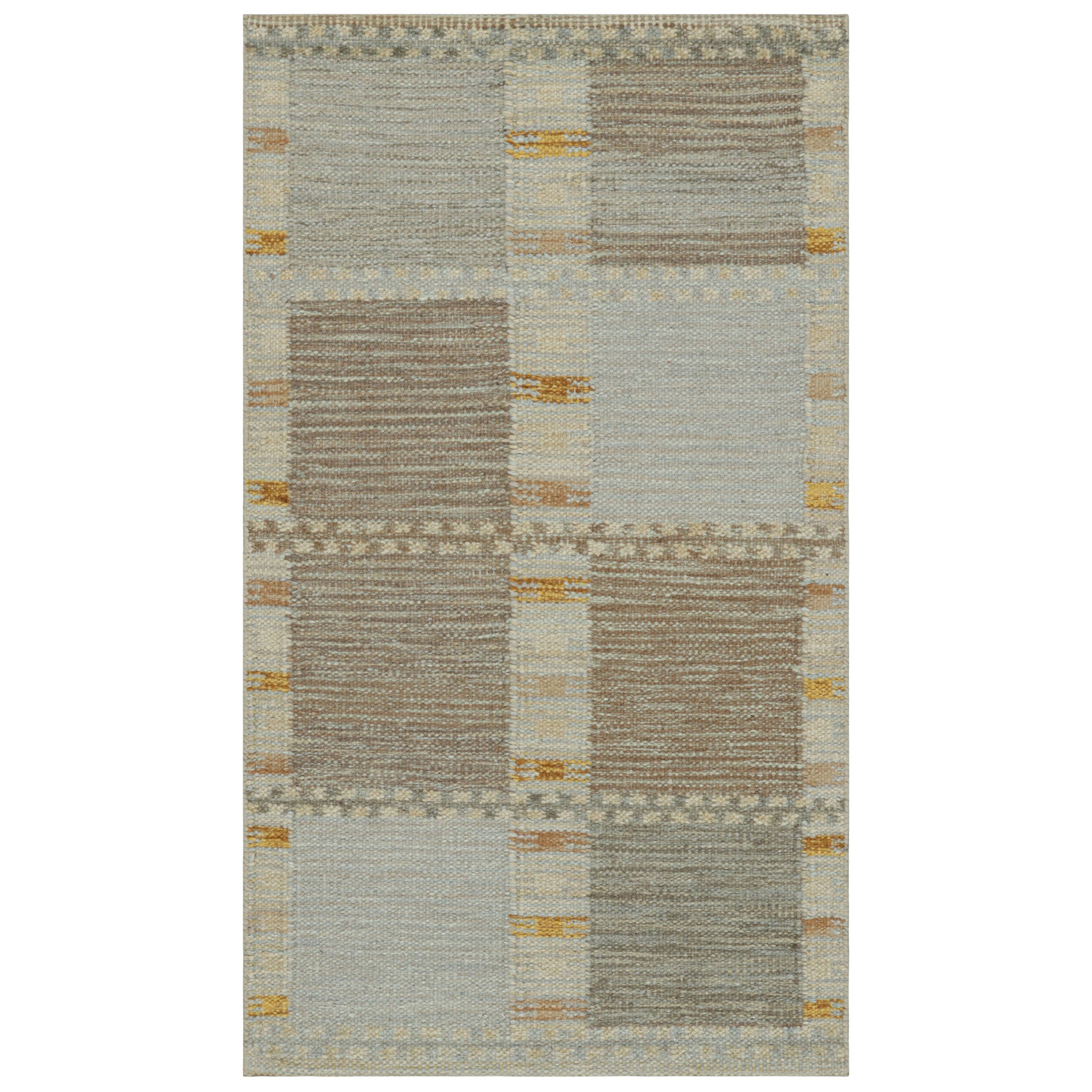 Rug & Kilim's Scandinavian Style Rug in Beige-Brown and Blue Geometric Patterns For Sale