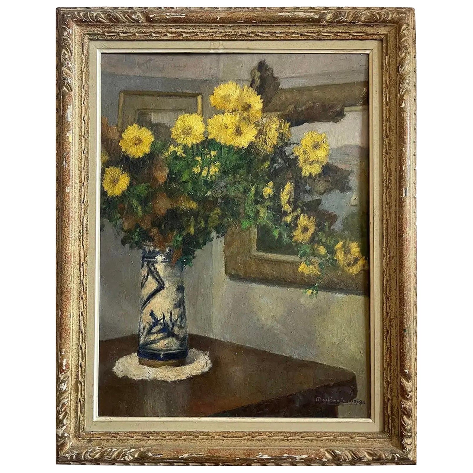 Nature morte aux marguerites jaunes des années 1930, peinture à l'huile encadrée