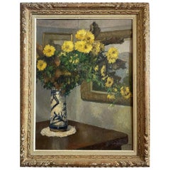 1930s Yellow Daisies Floral Arrangement Still Life Oil Painting, Framed