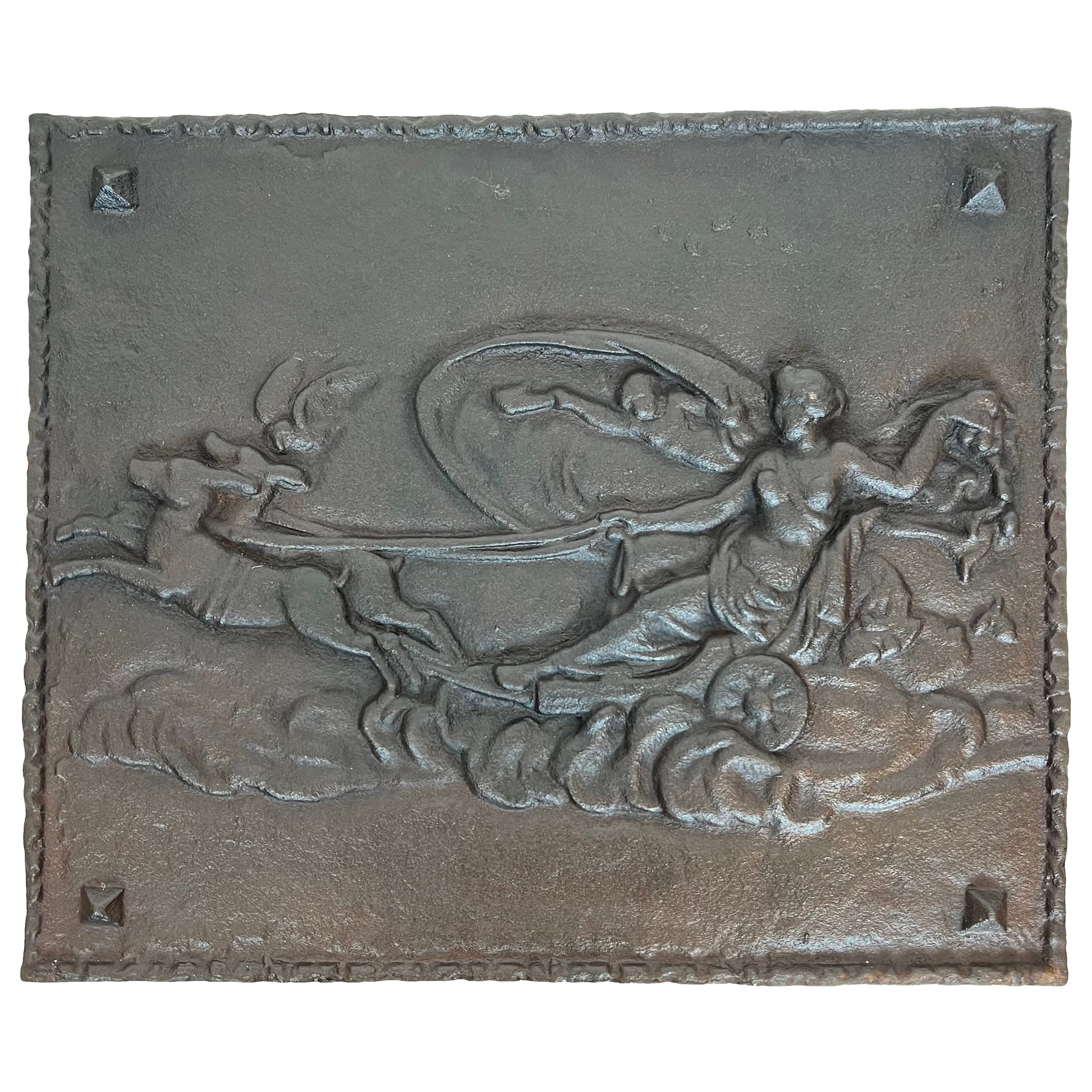 Cast Iron Fireback Representing Diana, Goddess and Chariot Pulled by Dogs