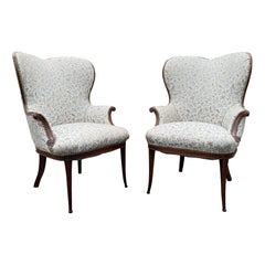 Paire de chaises de cheminée Art déco françaises bleues tapissées des années 1920