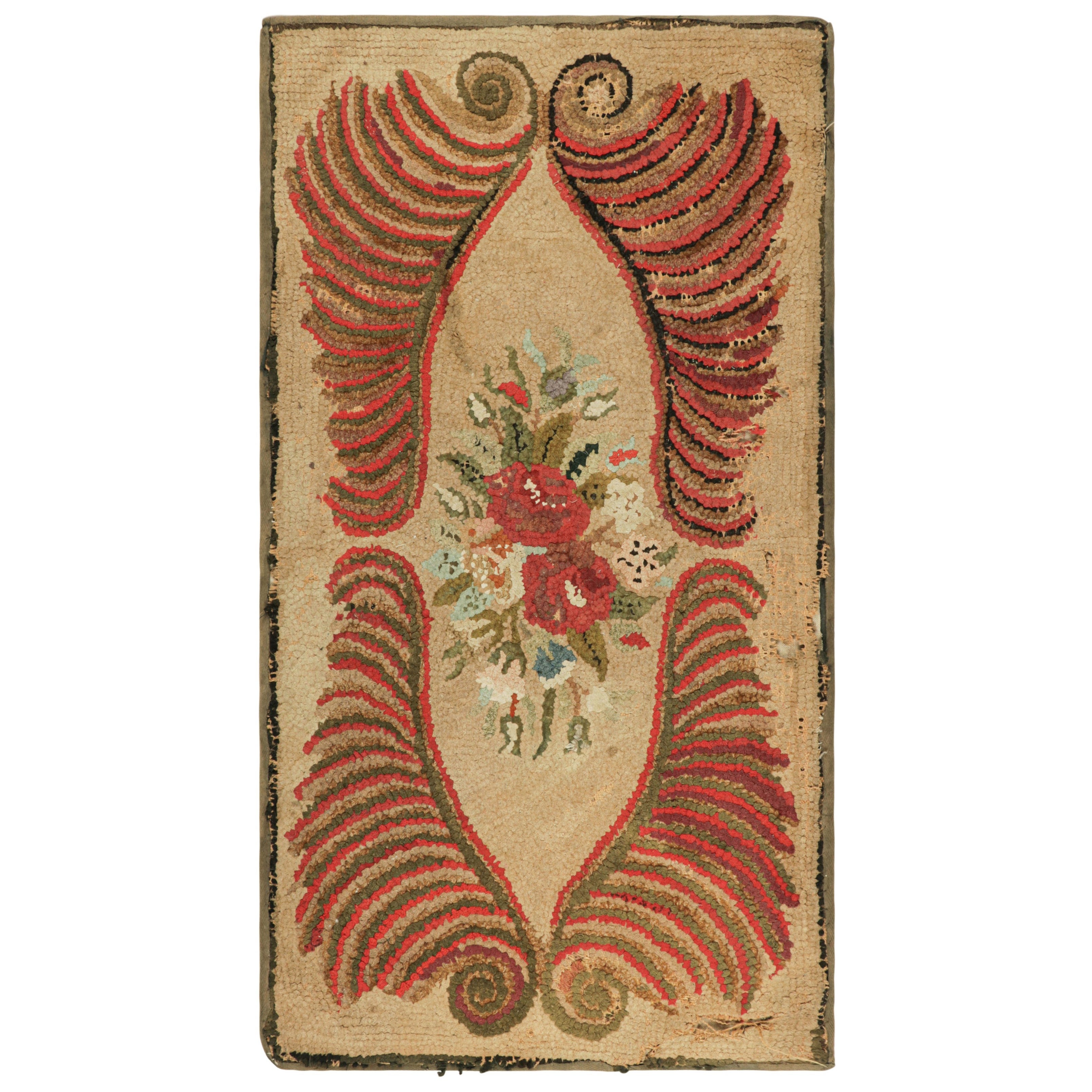 Antique Hooked Rug in Beige-Brown with Colorful Floral Medallion  Rug & Kilim