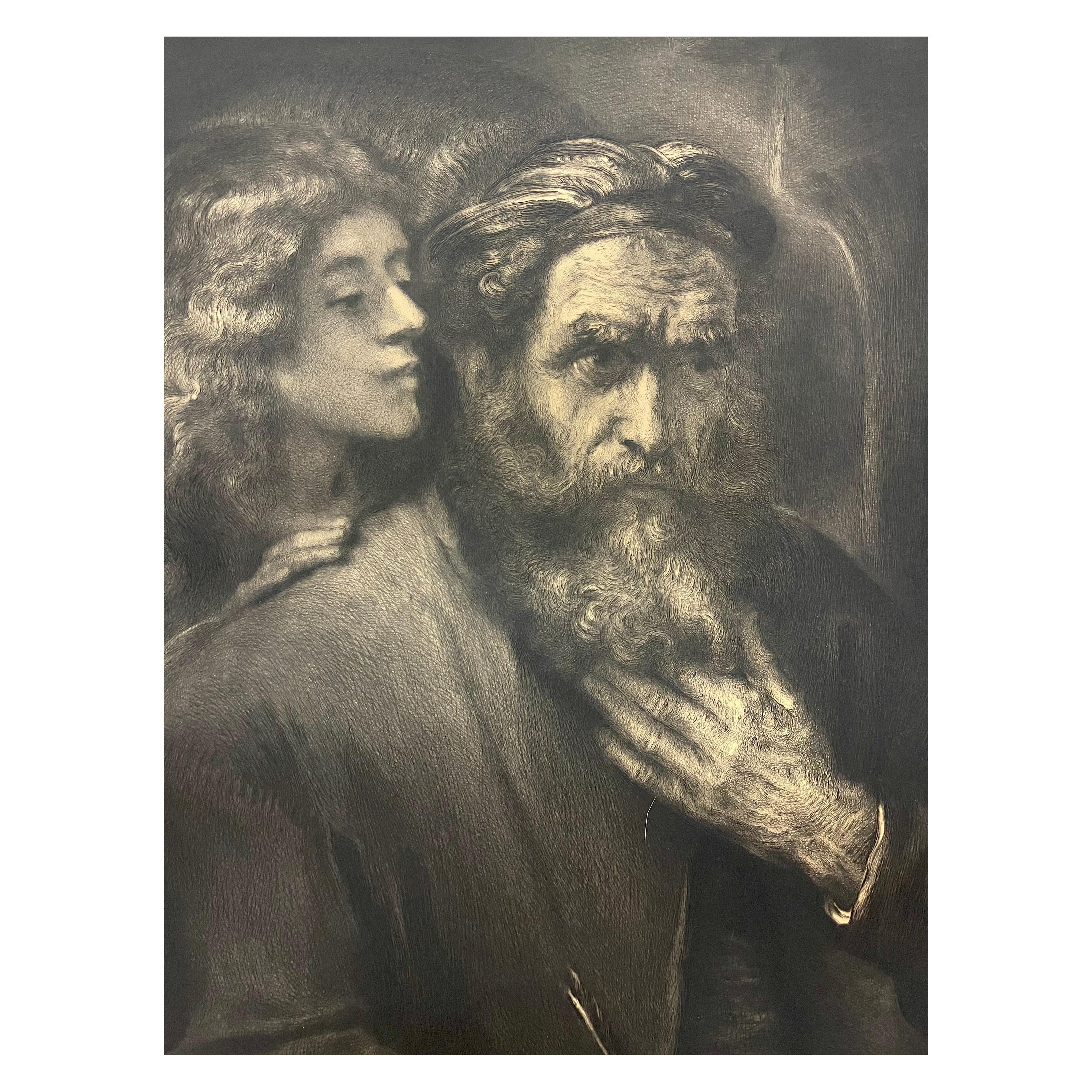 Antique Lithograph: "Saint Matthew" after Rembrandt – Louvre Museum Stamp For Sale