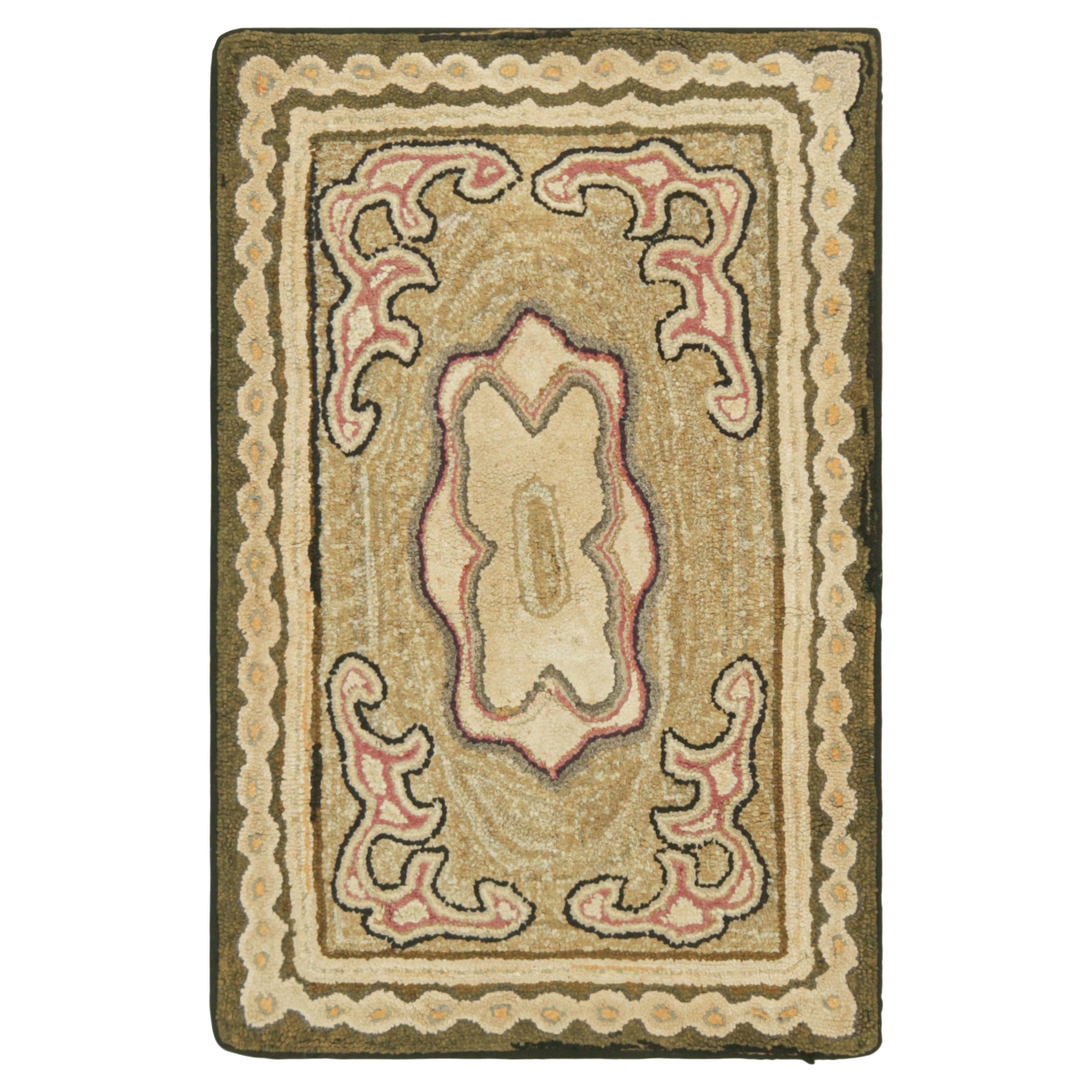 Antique Hooked Rug in Beige-Brown & Gold with Geometric Medallion  Rug & Kilim