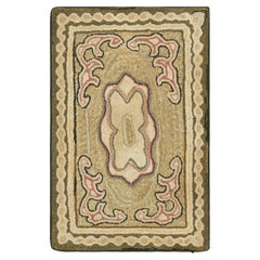 Antique Hooked Rug in Beige-Brown & Gold with Geometric Medallion  Rug & Kilim