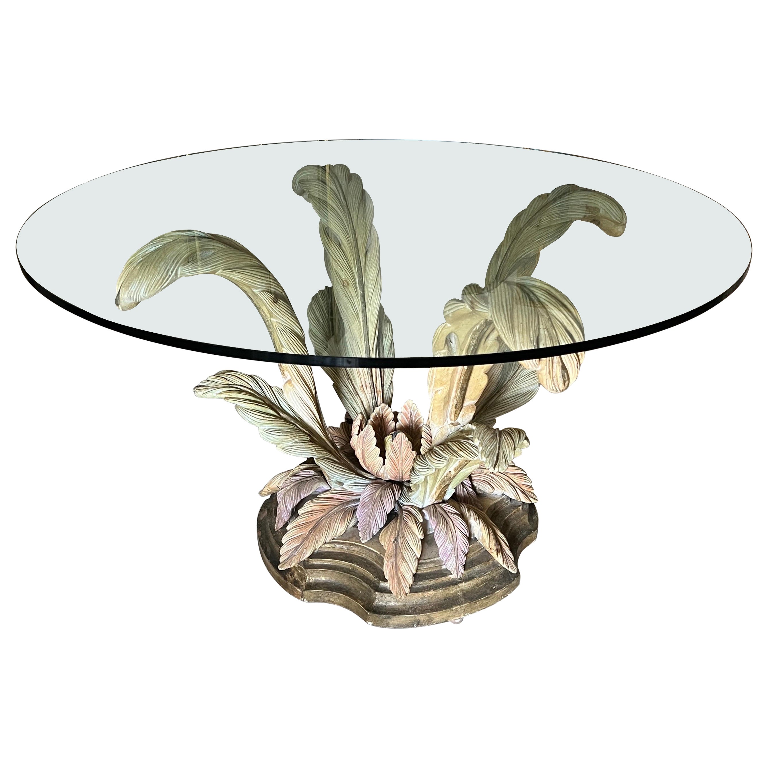 Mesa de comedor con motivo floral escultórico de madera tallada, Italia, años 70