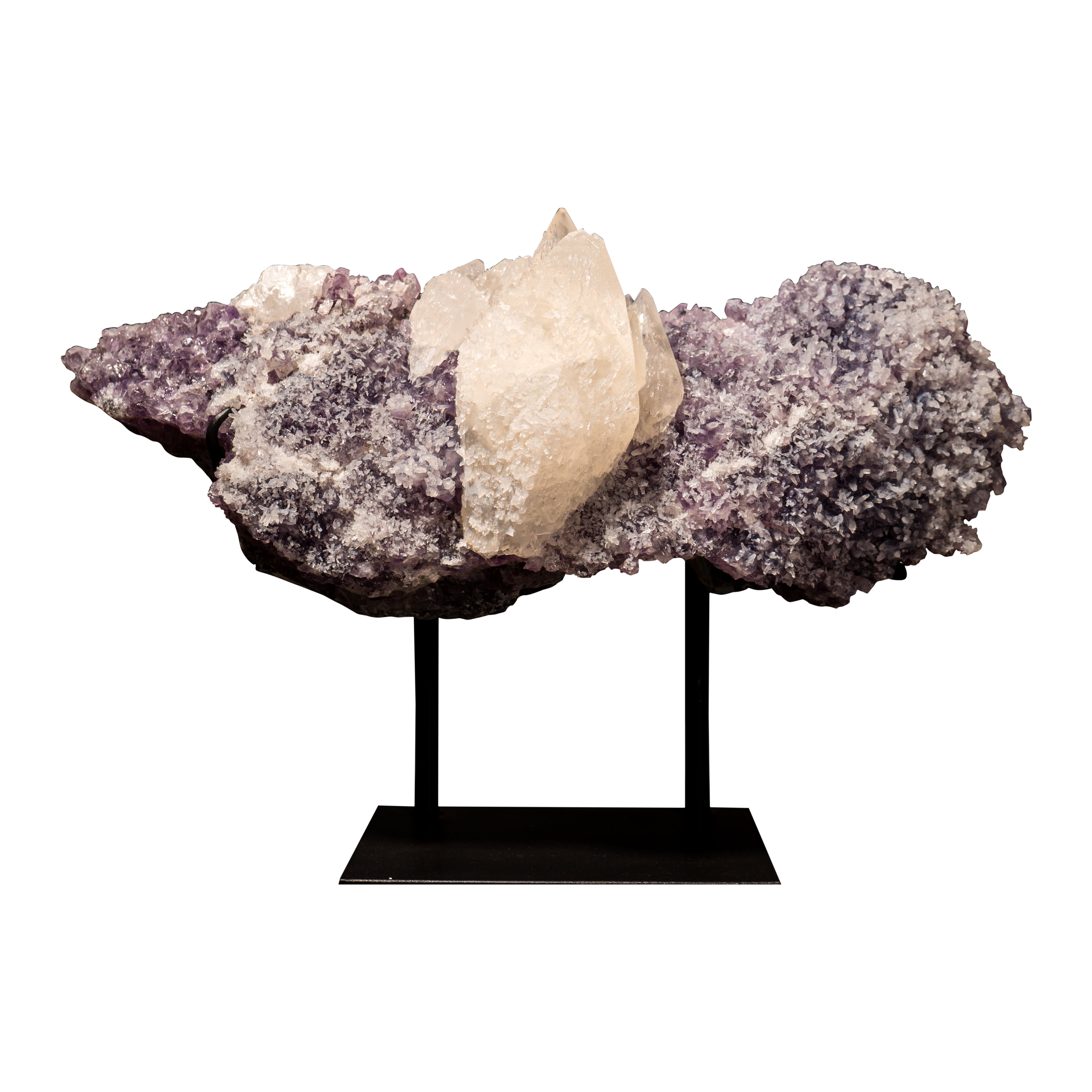 Rare Elestial Spar Calcite on Amethyst Cluster with Delicate Calcite Flowers