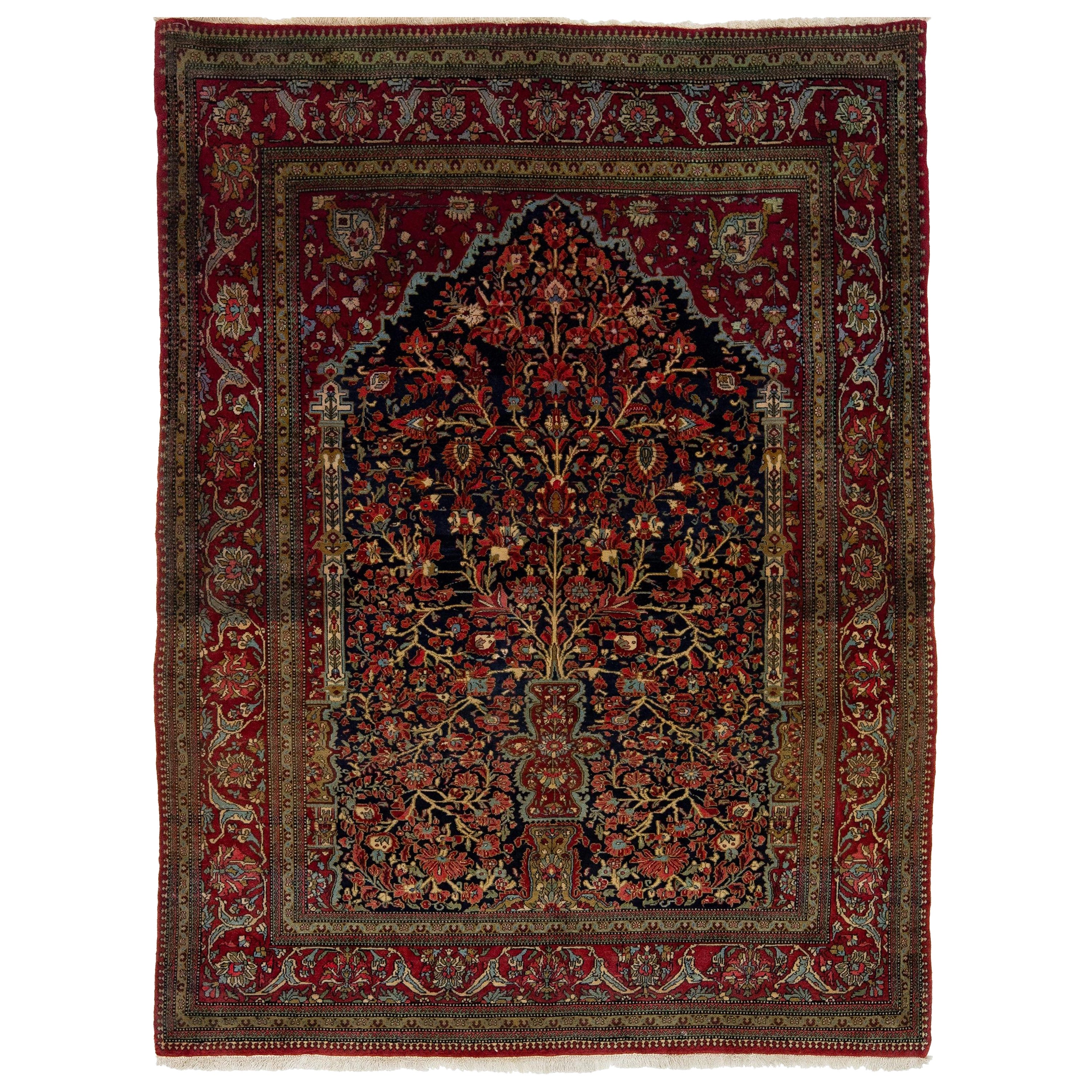Antique Persian Kashan Handmade Allover Designed Wool Rug in Blue and Red