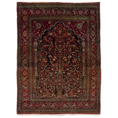Antique Persian Kashan Handmade Allover Designed Wool Rug in Blue and Red