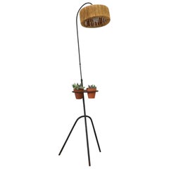 Mathieu Mategot Style Floor Lamp with Perforated Table and Grass Shade