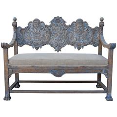 Antique Italian Carved Painted Bench with Cherub Faces